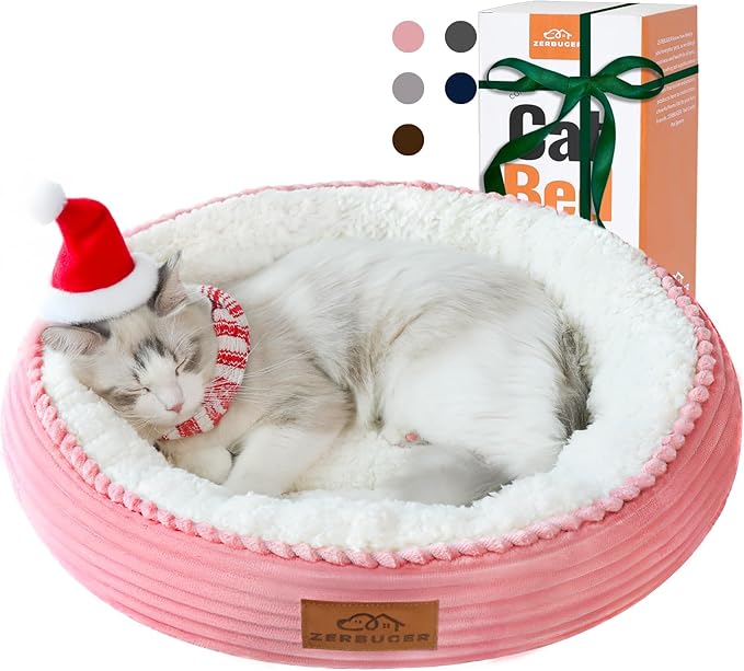 20in Washable Cat Beds for Indoor Cats - Round Donut Pet Bed for Cats, Small Dogs, Puppy, Kitten - Anti-Slip Bottom, Calming Bed Gift - Pink
