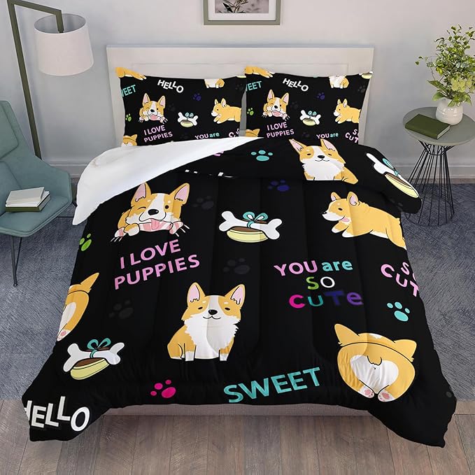 AILONEN Kids Puppy Comforter Set Twin Size - Cute Puppy Bedding Set for Girls Boys - Dog Lover Cartoon Pet Animals & Bones Print Duvet Set, 1 Quilt and 2 Pillowcases,All Season