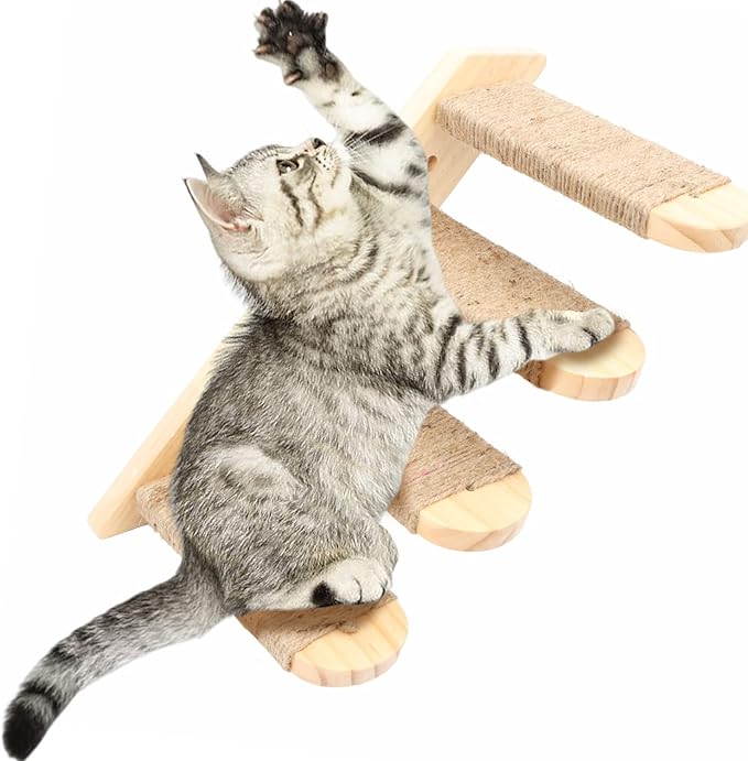 Cat Wall Steps,Cat Climbing Stair Shelf, Four Step Wood Cat Stairway with Jute Rope for Small Kitty Cats Perch Platform Supplies Cats Scratching Post