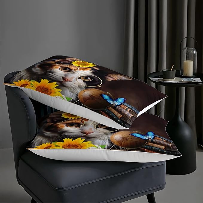 AILONEN Glasses Cat Print Bedding Set Queen Size with Sunflowers Vintage Items Books Comforter Set for Boys Girls,Retro Wooden Style Soft Breathable Duvet Set 3 Pieces, 1 Quilt and 2 Pillowcases