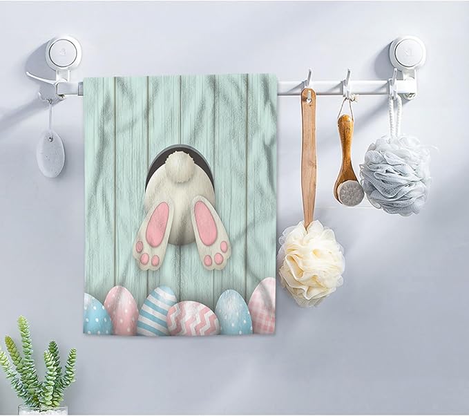 AOYEGO Easter Bunny Microfiber Towels Colorful Eggs Rabbit Blue Wood Plank Bath Towels Kitchen Hand Towels for Women Men Girls Boys 15x30 Inch