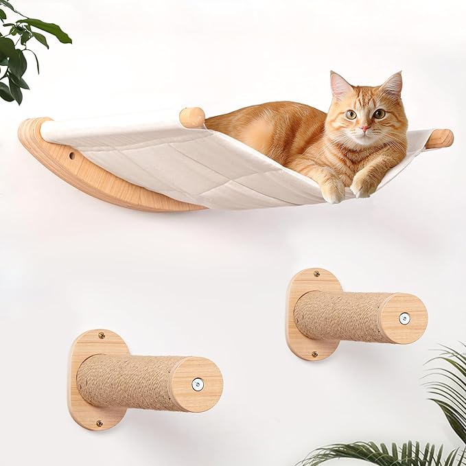 Cat Wall Hammock with Two Steps, Wall Mounted Cat Funiture with Stable Shelves and Perches for Sleeping, Playing, Climbing and Lounging, Wall Mounted Cat Bed for Large Cats
