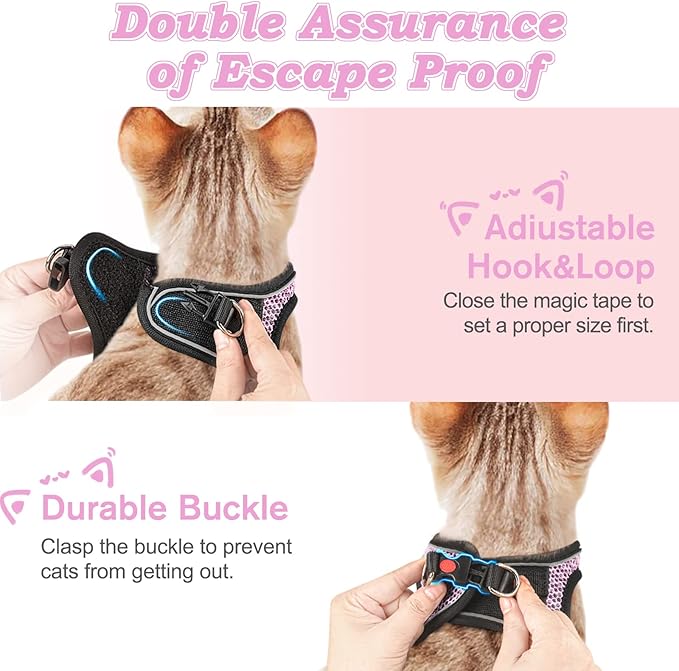Cat Harness and Leash for Walking Escape Proof, Adjustable Kitten Vest Harness Reflective Soft Mesh Puppy Harness for Outdoor, Comfort Fit, Easy to Control (Lpink, XXS)