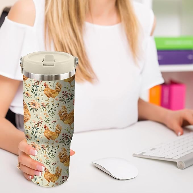 30 Oz Chicken Tumbler with Handle and Straw, Insulated Rooster Cup Gifts for Chicken Lovers Women, Double Wall Stainless Steel Chicken Mugs, Chicken Travel Mug Chicken Gifts for Women