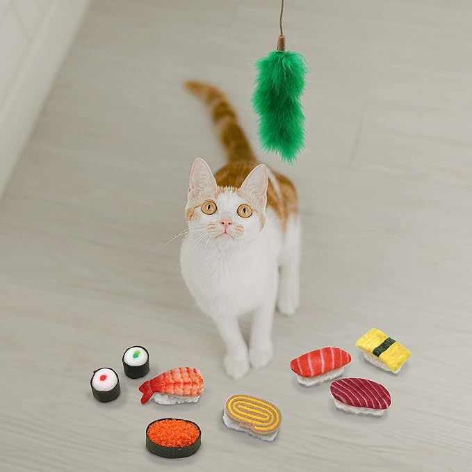 9 Assortments Pack Value Toy and Teaser Set, Interactive Catnip Cat Toys, Crinkle Toys, Feather Wand Toy, Accessories for Indoor Cat (Sushi Set)