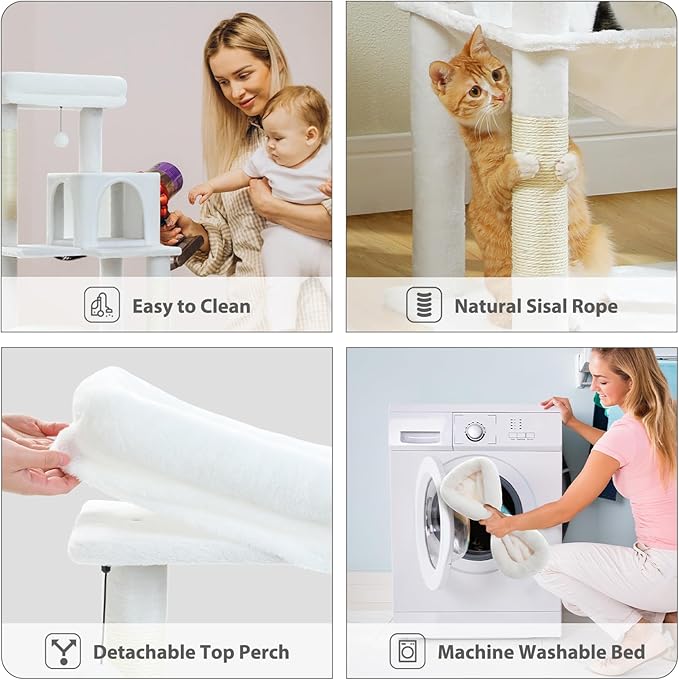PETEPELA 56.3'' Tall Cat Tree for Indoor Large Cats, Multi-Level Cat Tower with Super Large Hammock (20''X16''), Sisal Covered Scratching Posts, Cozy Condo and Top Perch,White