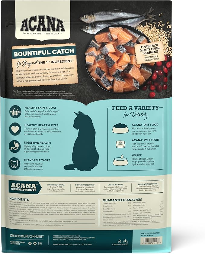 ACANA Bountiful Catch Dry Cat Food for Adult Cats, Salmon and Whole Herring Recipe, Fish Cat Food, 10lb