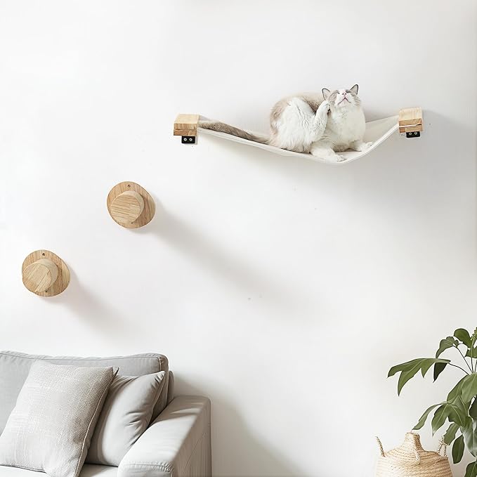 FUKUMARU Cat Wall Furniture, 2 PCS Cat Wall Climbing Shelves Set, Solid Rubber Wood Cat Shelf, Cat Shelves and Perches for Wall Sleeping, Playing, Climbing and Lounging, 16 inch Drywall Installation