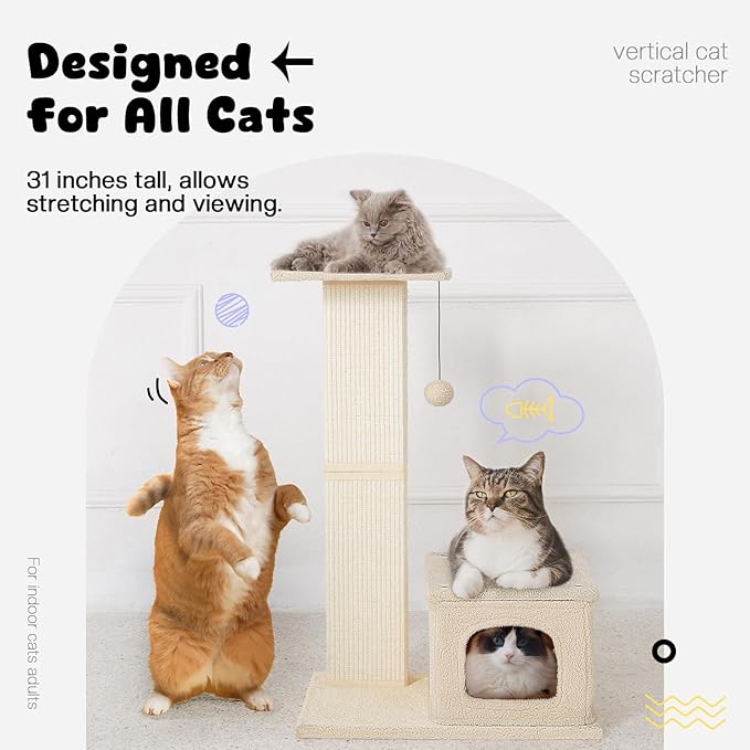 Small Cat Tree, 31 Inches Tall Cat Scratching Post with Perch & Condo, Natural Woven Sisal Cat Post Sctacher, Kitten Scratching Posts for Indoor Cats, Cat Scratch Tower with Fluffy Ball, Beige