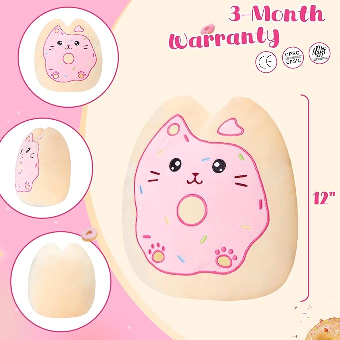 12" Sprinkle Donut Plush Pillow, Pink Cat Plush Kitten Stuffed Animal Squishy Plush Toy Cat Throw Pillow Donut Party Supplies Decorations for Kids Girls