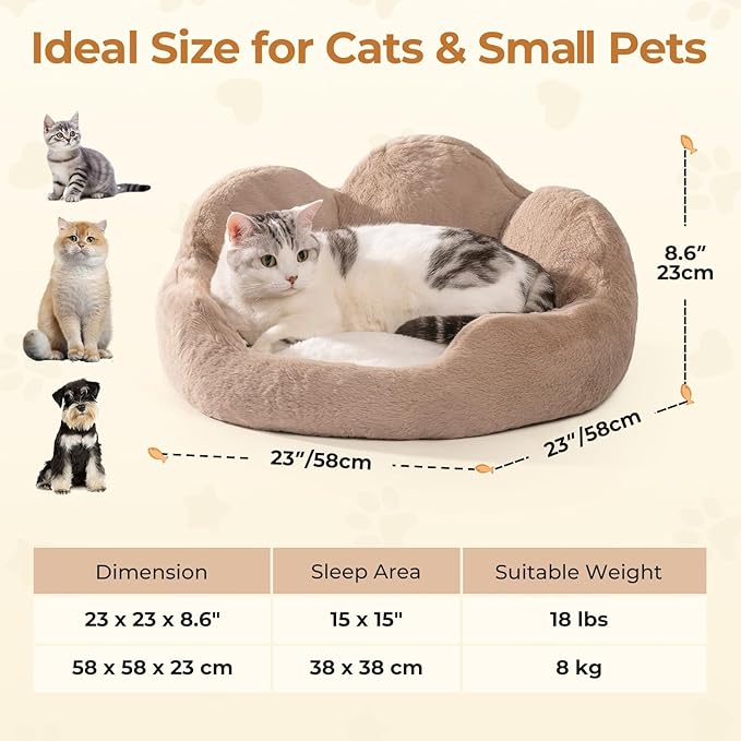 MEWOOFUN Cat Beds for Indoor Cats, Cozy Cute Cat Couch Bed Washable, Round Fluffy Small Dog Beds with Anti-Slip Bottom, Puppy Bed for Small Animals (Khaki, 23")
