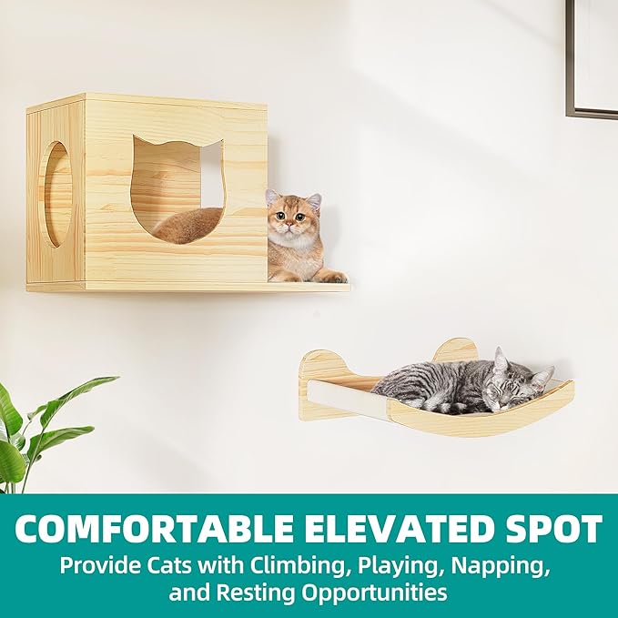 YITAHOME Solid Wood Cat Wall Shelves and Perches for Wall, Pine Wall Mounted Cat Tree Set of 9, Cat Climbing Shelves with Moon Cat House, Cat Bridge Ladder Indoor Mounted Condos House
