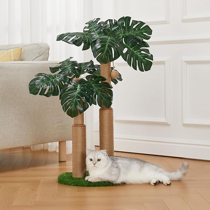 29.7inch Cat Scratching Post,Cat Scratcher Cat Tree with 2 Sisal Scratching Poles & 2 Interactive Dangling Balls,Cats Scratching Posts for Indoor Kitten & Adult Cats (2 Posts Monstera Tree)