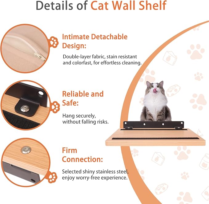 Cat Shelves Wall Mounted Cat Step with Cushion Wooden Cat Climbing Shelf Cat Wall Furniture for Sleeping and Playing 11.8"x10.2", Support to 40 LBS(White Oak)
