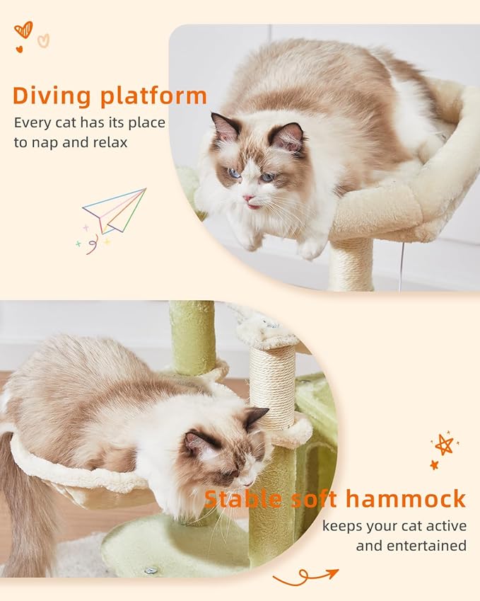 Taoqimiao Cat Tree, 39.4-Inch Cat Tower for Indoor Cats,Suitable for Kittens,Plush Cat Condo with 5 Scratching Posts, Plush Perch,2 Hammock,Pompoms, MS019GB Green and Beige