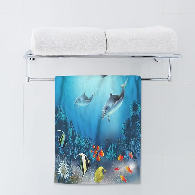 AOYEGO Underwater World Hand Towel Ocean Sea Dolphin Fish Seaweed Coral Mountain Tree Towels Cotton Face Towel Bath Kitchen Decor Set for Women Men Girls Boys 15x30 Inch