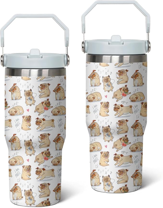 30 Oz Dog Tumbler with Handle and Straw, Insulated Dog Mugs for Dog Lovers, Double Wall Stainless Steel Pug Coffee Cup, Dog Dad Mug or Dog Mom Tumbler Pug Gifts for Women and Men