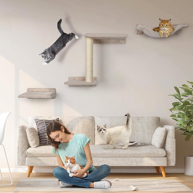 Cat Wall Furniture Shelves - 5 Pcs Wall-Mounted Cat Furniture, Including 2 Cat Steps, 1 Perches, 1 Cat Hammock, 1 Sisal Cat Scratcher Post, DIY Cat Walls Playground for Large Cats