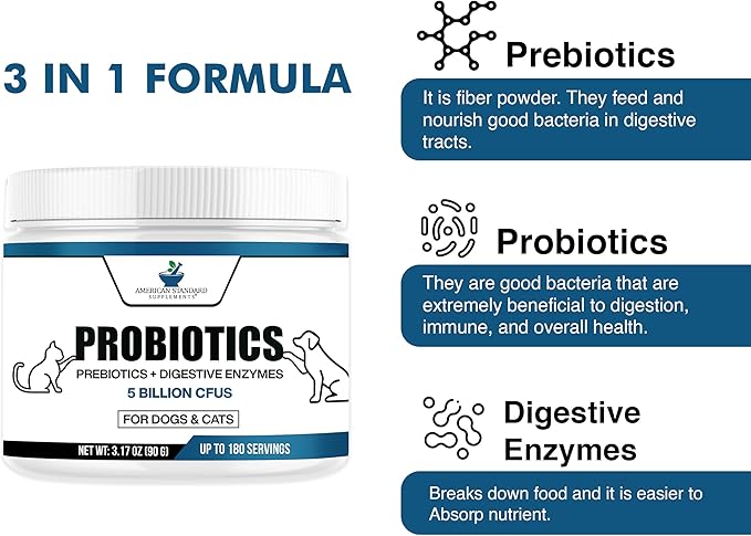 American Standard Supplements Probiotics for Dogs & Cats with Prebiotics & Digestive Enzymes, 5 Billion CFU, 9 Strains, 3.17oz (90g), 180 Servings - Dog & Cat Probiotics for Gut Health & Digestion