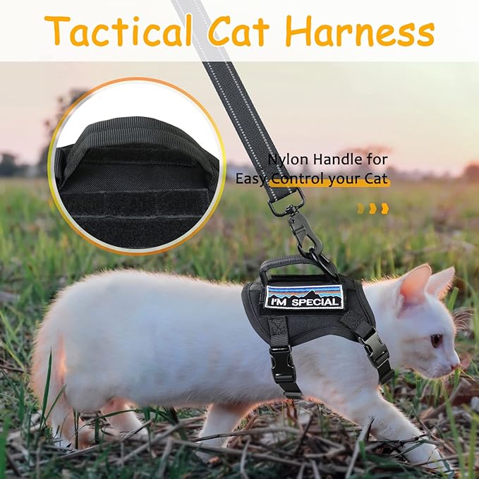 Tactical Cat Harness for Walking, Adjustable Escape Proof Pet Vest for Large Cat,Easy Control Breathable Cat Vest with Handle，Molle Patches (Black, L)