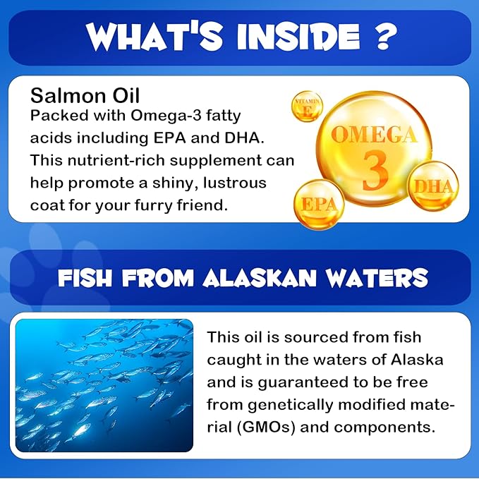 Alaskan Salmon Oil for Dogs, Omega 3 Fish Oil with Natural EPA+DHA Fatty Acids for Skin, Joints, Coat Health, Dog Skin and Coat Fish Oil Liquid Supplement, All Ages All Breeds 8.8fl.oz.