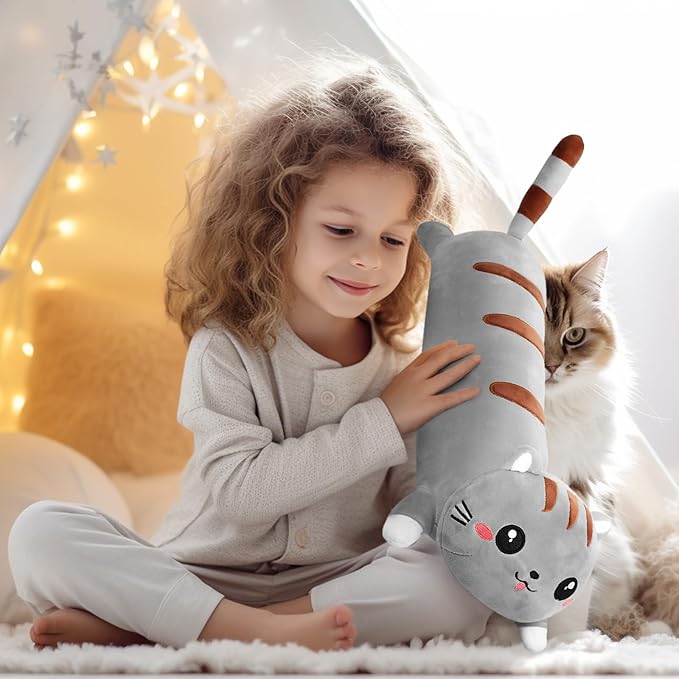 AFAN Long Cat Plush Cute Cat Body Pillows Kawaii Stuffed Animals Plushies Soft Cuddly Cotton Plush Toys Room Decor Gifts for Kids Girls Boys Adults (Grey, 42 Inch)