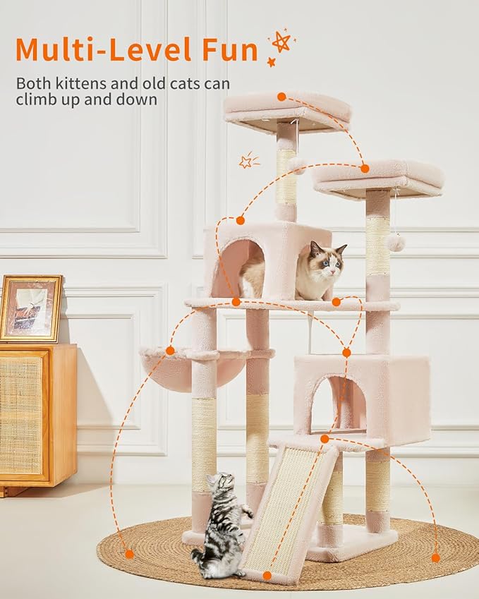 Taoqimiao 56.3-Inch Cat Tree, Cat Tower with Scratching Posts, Cat Tree House for Indoor Cats with hammocks, Toys, Condo and Large Scratch Board, MS012P Elly Pink