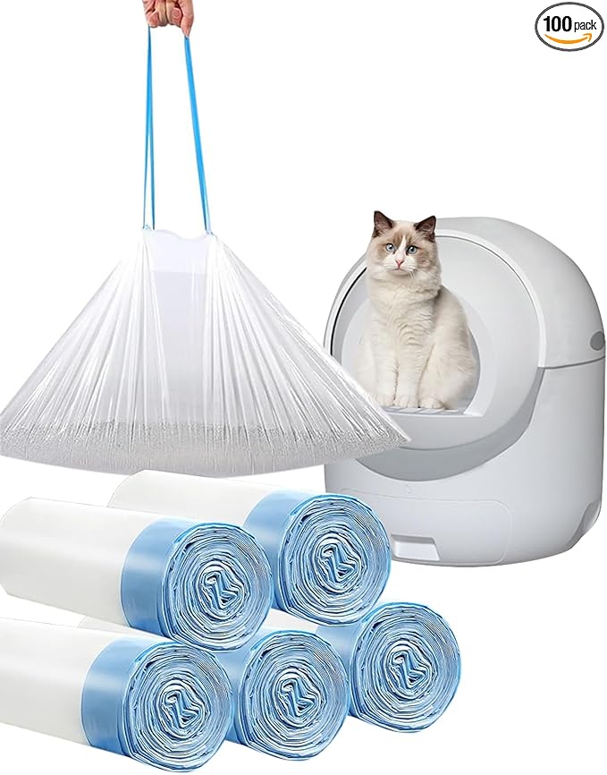 100 Count Cat Drawstring Litter Box Liners 26.6x16.7 inches 2Mils Super Thick White Cat Litter Waste Bags Poop Bags for the litter robot 4, 3 Cat Litter Pan Trays (Blue Drawstring 100 count)