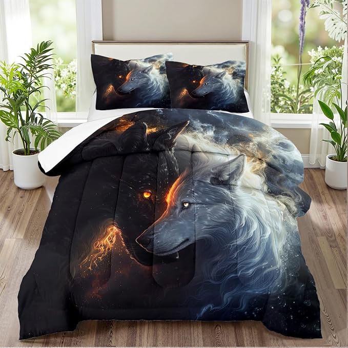 Animal Print Comforter Set Full Wolf Bedding Set for Boys & Kids Soft Lightweight Down Comforter with 2 Pillowcases