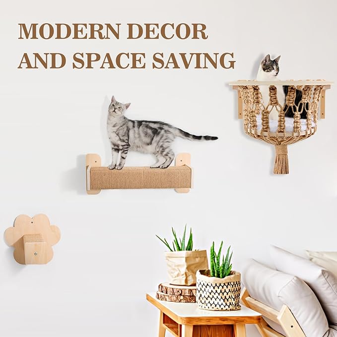 Cat Wall Shelves, Cat Wall Hammock with Scratching Post and Cat Step, Cat Wall Furniture for Climbing, Playing and Sleeping, Cat Shelves and Perches for Wall for Indoor Large Cats or Kittens