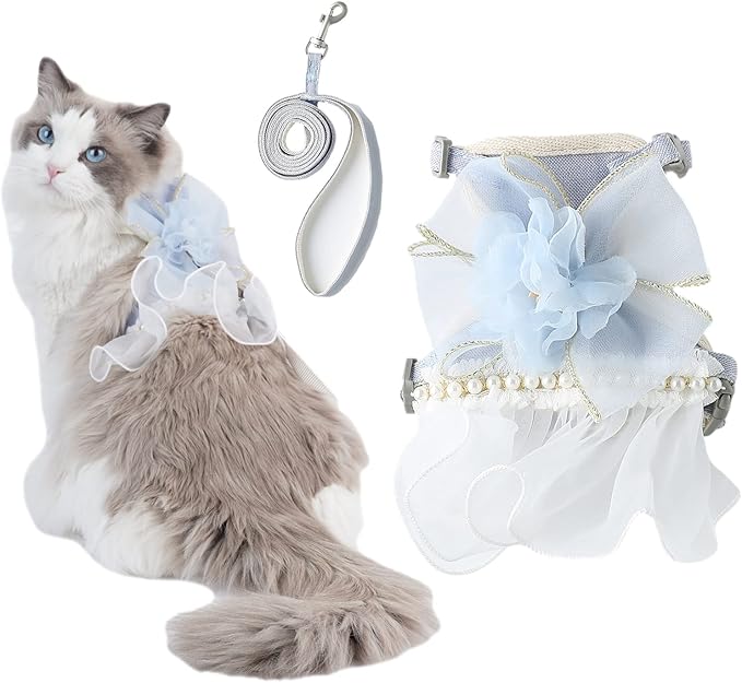 Cat Harness and Leash Set Escape Proof Travel Cat Harness for Small Cat and Large Cat Blue Color Junsirs