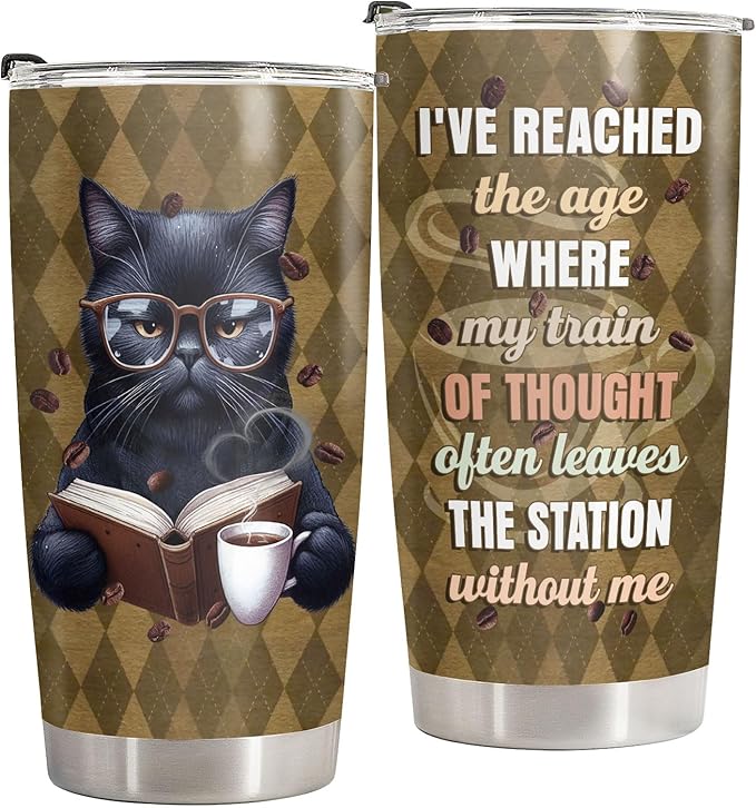34HD Black Cat Tumbler with Lid, 20oz Stainless Steel Vacuum Insulated Cute Kitty Cup, Reading Coffee Mug with Cats, Funny Cat Gifts for Her Women on Birthday Mothers Day Christmas