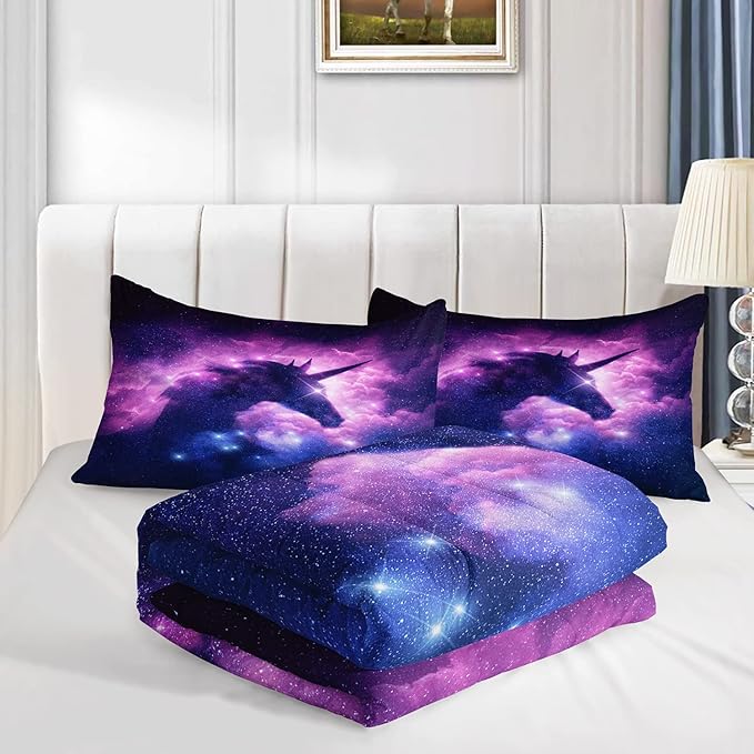 AILONEN Purple Space Unicorn Comforter Set, Superior Kids Bedding Set Queen for Teen Girls and Boys,Bed-in-a-Bag Printed Galaxy Bed Sets,Microfiber,(1 Comforter 2 Pillowcases 3 Piece)