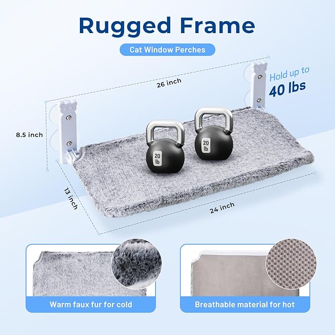 Cat Window Perch for Cats Inside, Foldable Cat Window Hammock for Large Cats Indoor, Cordless Cat Window Bed Seat with 4 Suction Cups, Sturdy Metal Frame, Soft Reversible Cover, Large, Grey