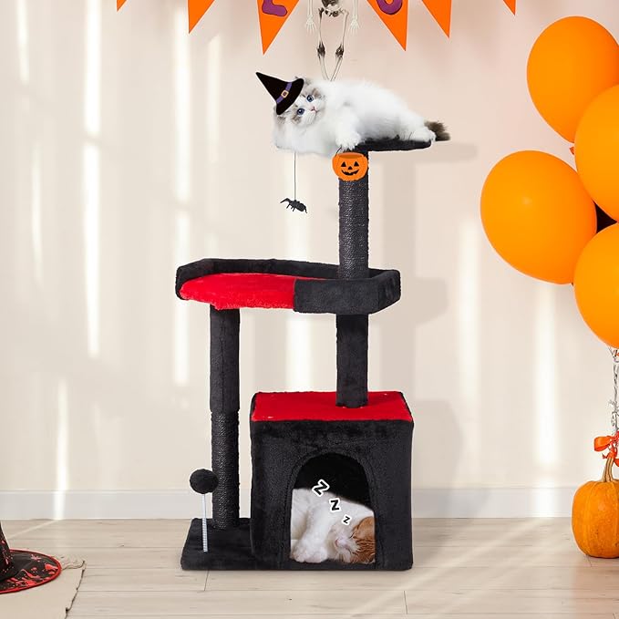 Erinnyees Gothic Cat Tree, Black Cat Tower for Indoor Cats, 33.5" Cat Condo with Scratching Post, Coffin Cat Bed, Small Goth Cat Tree with Spooky Ball for Kittens