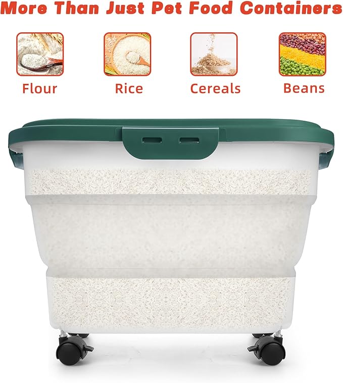 Airtight Dog Food Storage, Collapsible Pet Food Container 17-20 lb with Castors, Plastic Dog Food Bin with Pet Food Scoop & Measuring Cup for Dry Food Storage(green)