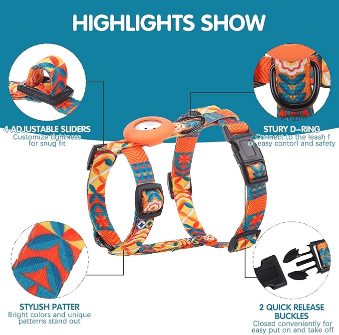 BINGPET Cat Harness and Leash Set Escape Proof for Walking,Adjustable Kitten Harness with Airtag Holder for Small Medium Large Cats,Easy Control Lightweight Harness with Safety Buckle Outdoor (Orange)