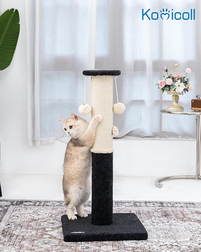 34-Inch Tall Cat Scratching Post for Indoor Cats, Large Carpet Scratch Post, Sisal Cat Scratcher, Sturdy and Durable Cat Post with Hanging Ball