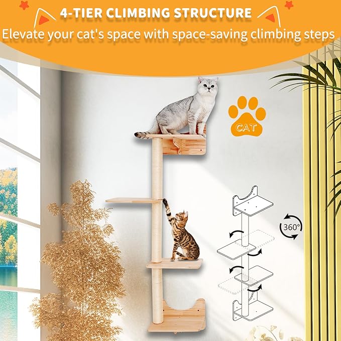Cat Shelves for Wall, Cat Climbing Shelves Wall Mounted Cat Furniture Set, Cat Wall Shelf with 1 Cat Wall House, 1 Bridge Ladder, 3 Cat Scratching Post and 5 Steps