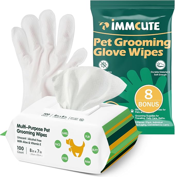 100 Unscented Extra Thick Dog Wipes for Paws and Butt Puppy Wipes for Dogs Face and Body Dog Wipes Cleaning Deodorizing Cat Wipes Cleaning Fur and Butt Doggie Wipes Doggy Wipes 8 Glove Wipes Included