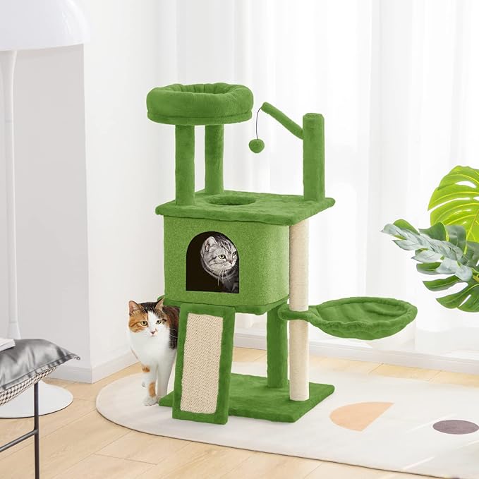 36.6" Medium Cat Tree House for Indoor Cats Soft Plush Multi-Level Cat Condo House with Hammock, Scratching Post, Green