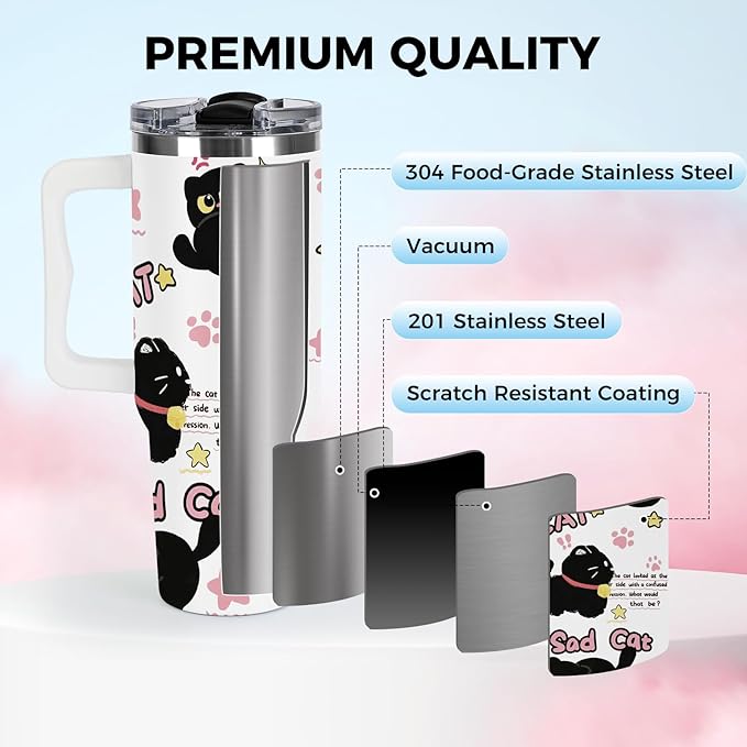 40 oz Tumbler with Handle and Lid, Cat Lover Gift for Women, Stainless Steel Coffee Mug Cat Cup with Handle Christmas Birthday Gift for Mom Wife Girls Insulated Tumbler