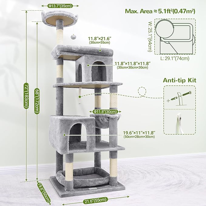 S72 Heavy Duty Cat Trees for Large Cats, Sturdy 72in Maine Coon Cat Tree for Large Cats 20 lbs+ Heavy Duty Cat Tower for Adult Biggest Cats with 6 Scratching Posts, Hammock, Light Grey