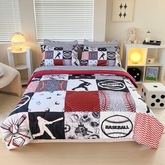 7 Piece Baseball Comforter Set Bed in A Bag Queen Size 3D Softball Sports Bedding Set for Boys Kids Microfiber Comforter All Season (1 Comforter, 1 Flat Sheet, 1 Fitted Sheet, 4 Pillowcase)