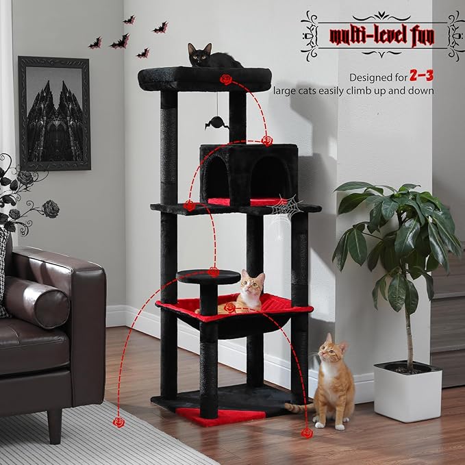 PETEPELA 56.3" Gothic Cat Tree for Indoor Cats, Tall Cat Tower with Super Large Hammock (20"X16"), Sisal Covered Scratching Posts, Cozy Condo and Top Perch Black
