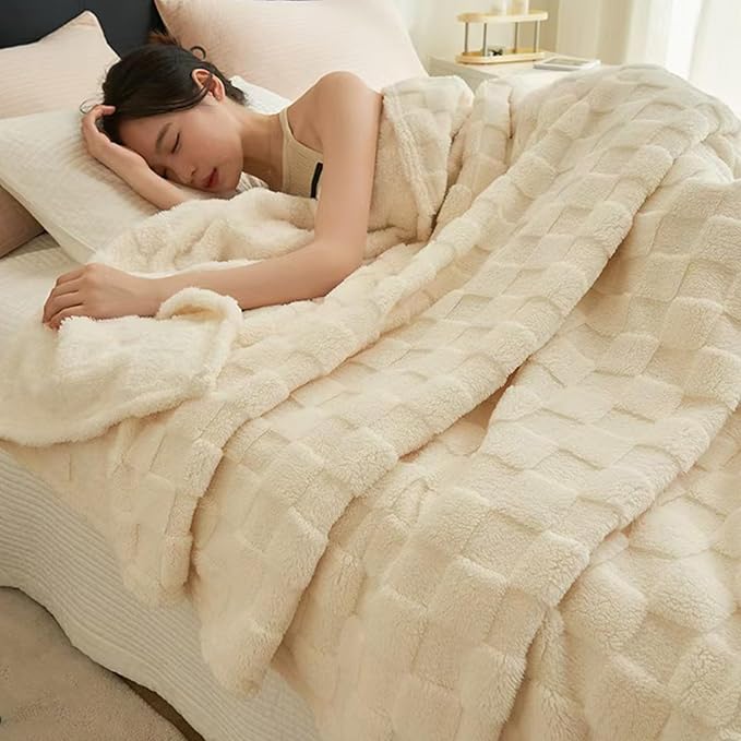 3D Fleece Checkered Blanket, Cozy Soft Warmer Comfort Lightweight for All Season, Fuzzy Aesthetic Room Decor for Couch Sofa Bed, Gifts for Christmas, Birthdays, White