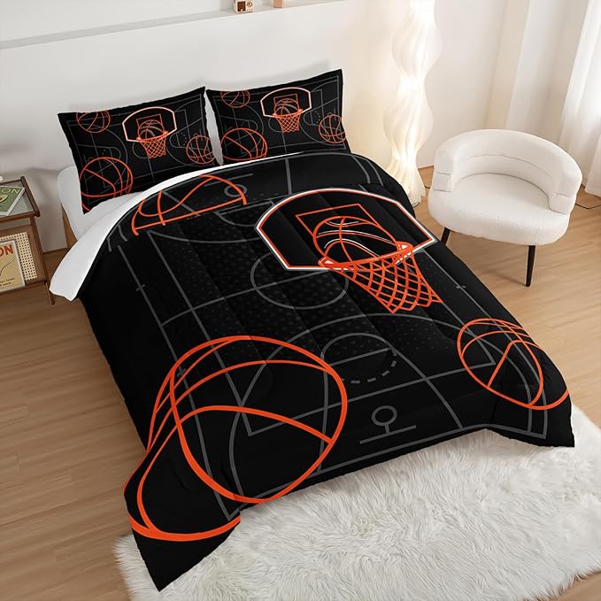 Basketball Court Print Queen Comforter Set for Boys,Ball Sports Games Bedding Set for Teens Kids Bedroom Decor,Orange Basketball Comforter Sets with 2 Pillowcases.