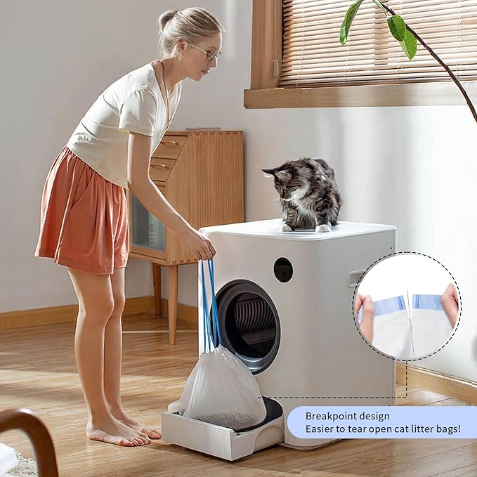 60 Count Small Cat Litter Box Liners, Heavy Duty Cat Litter Bags, Extra Thick Litter Pan Liners with Drawstring for Pet Cat Litter Tray (Blue, 26.4" x 15.8")