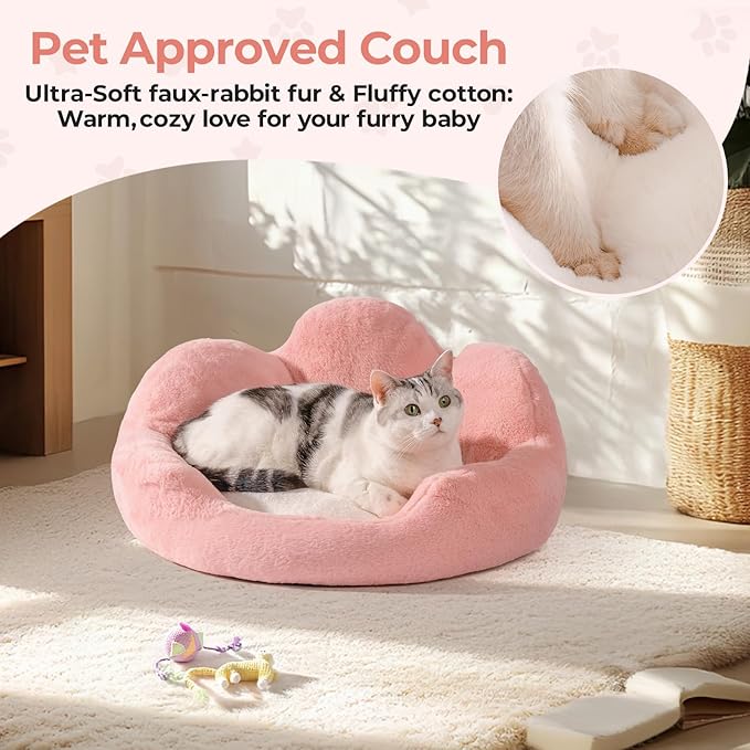 MEWOOFUN Cat Bed for Indoor Cats, Fluffy Cat Couch Bed Washable, Round Cute Pink Cat Sofa with Non-Slip Bottom, Pet Bed for Puppy and Kitten(Pink, 23")