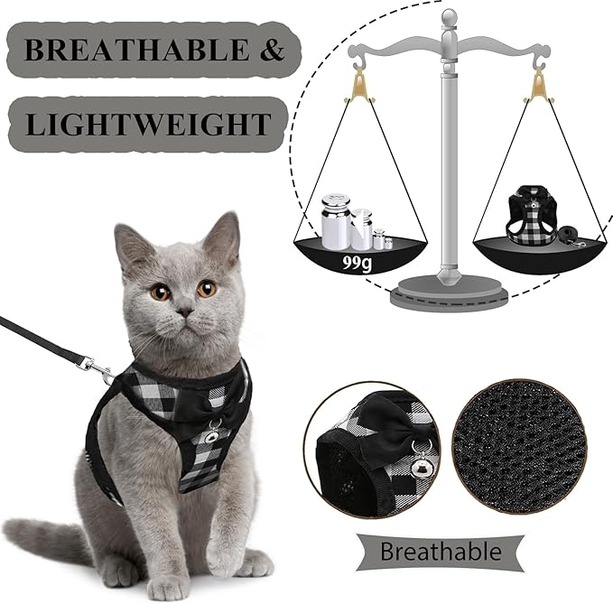 Cat Leashes and Harnesses for Walking,Breathable Soft Kittens Vest for Cats Dogs, Kitten Harness Escape Proof with Bell and Bow-Knot Decoration Christmas(L, Black-White)